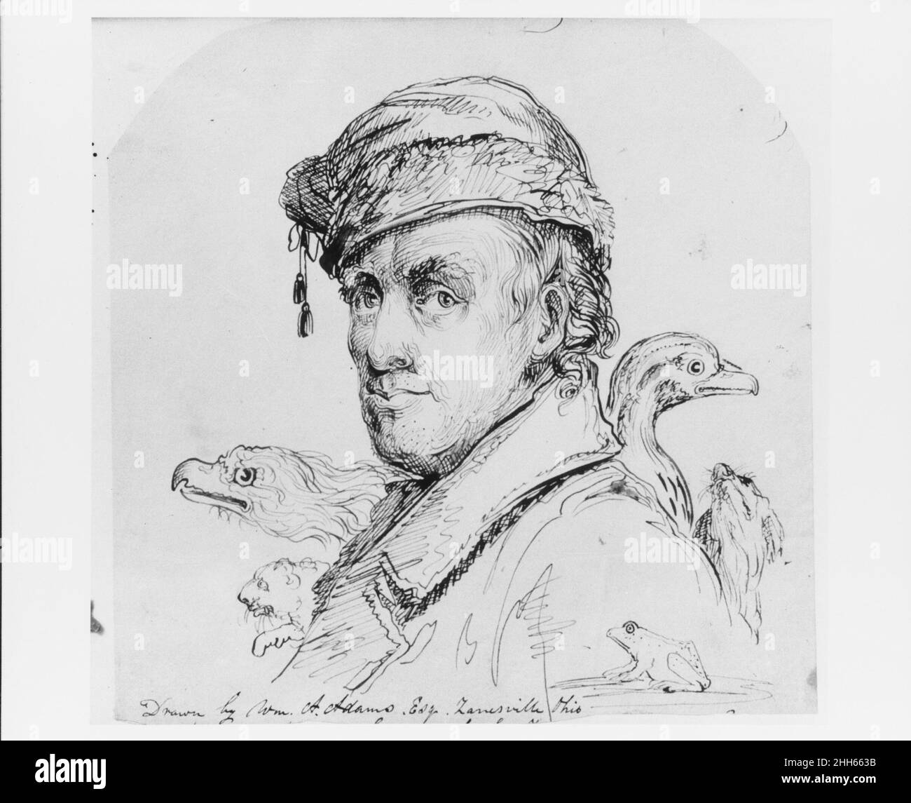 Hunter (aus McGuire Scrapbook) 1797–1878 William Apthorp Adams American. Hunter (aus dem McGuire Scrapbook). William Apthorp Adams (1797–1878). Amerikanisch. 1797–1878. Stift und braune Tinte auf cremefarbenem, webtem Papier Stockfoto