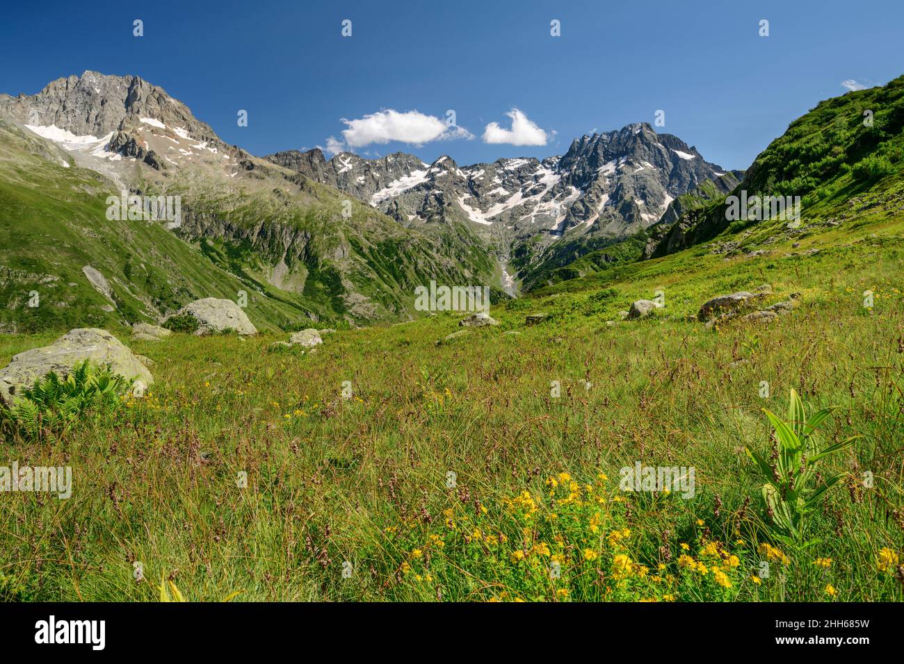 Grüne Wiese inmitten von Bergen an sonnigen Tagen, Ecrins Nationalpark, Frankreich Stockfoto