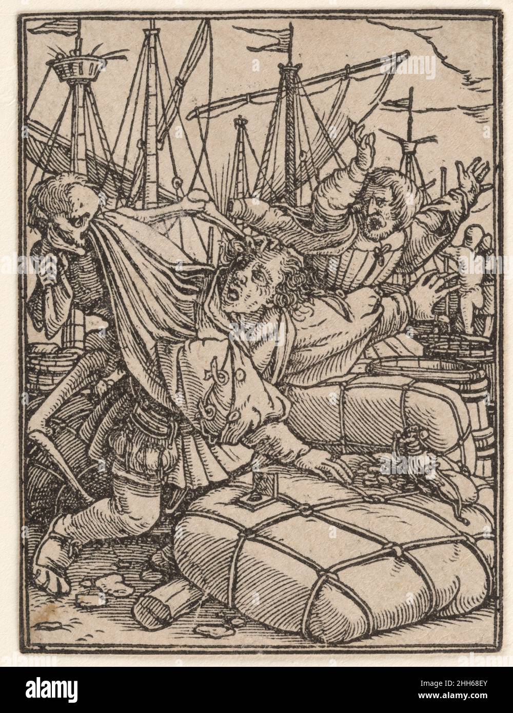 Der Kaufmann, aus dem Tanz des Todes ca. 1526, erschienen 1538 gestaltet von Hans Holbein dem Jüngeren. Der Kaufmann, aus dem Tanz des Todes. Gestaltet von Hans Holbein dem Jüngeren (deutsch, Augsburg 1497/98–1543 London). 1526, veröffentlicht 1538. Holzschnitt. Ausdrucke Stockfoto