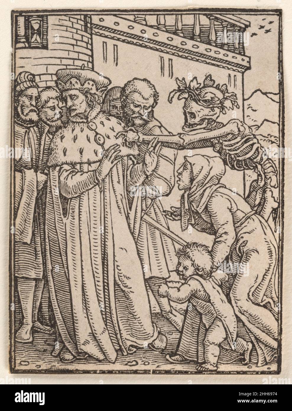Der Herzog, aus dem Tanz des Todes ca. 1526, erschienen 1538 gestaltet von Hans Holbein dem Jüngeren. Der Herzog, aus dem Tanz des Todes. Gestaltet von Hans Holbein dem Jüngeren (deutsch, Augsburg 1497/98–1543 London). 1526, veröffentlicht 1538. Holzschnitt. Ausdrucke Stockfoto