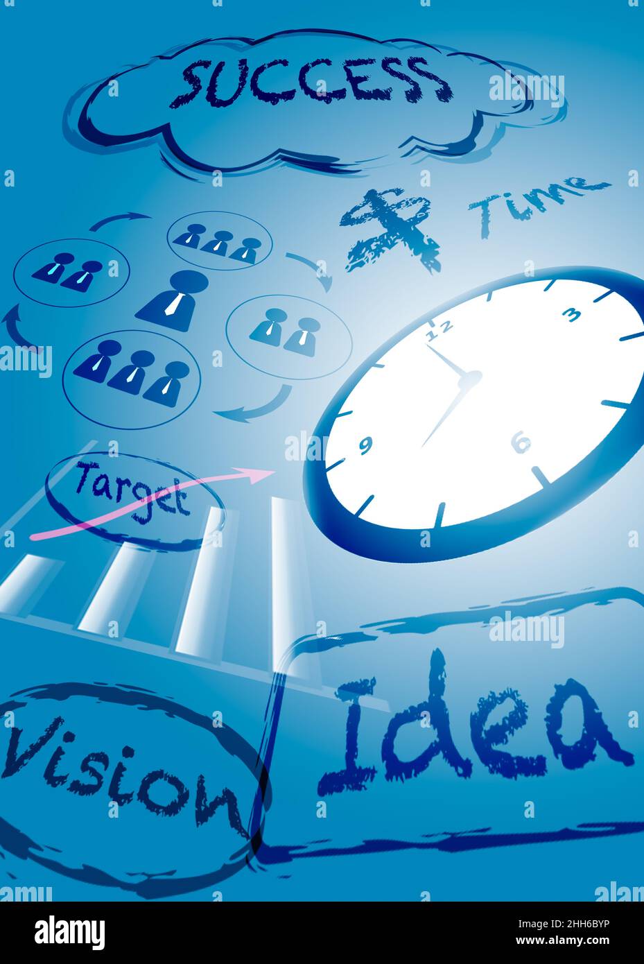 Strategieplan für den Geschäftserfolg, Idee, Kommunikation, Zeit, Ziel, Vision. Entscheidungsfindungsprozess-Konzept auf blauem Hintergrund. Stockfoto