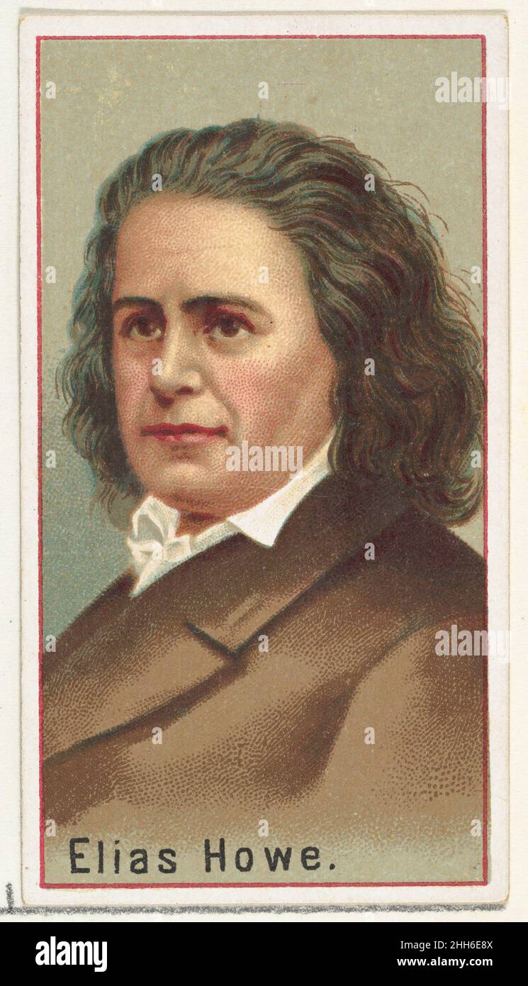 Elias Howe, Druckermuster für das World's Inventors Souvenir-Album (A25) für Allen & Ginter Cigarettes 1888, herausgegeben von Allen & Ginter American Printer's Samples für das Sammleralbum 'World's Inventors' (A25), das 1888 zur Werbung für Zigaretten der Marke Allen & Ginter herausgegeben wurde. Unter Berufung auf Burdicks „The American Card Catalog“: "Erinnerungsalben dieser Art, wie sie von den Tabakfirmen herausgegeben wurden, sollten wahrscheinlich die einzelnen Karten ersetzen, wenn der Raucher dies wünscht, oder ihm zumindest ermöglichen, die gesamte Sammlung von Designs zu besitzen, ohne die Schwierigkeit zu haben, das ganze einzelne Auto zu erhalten Stockfoto