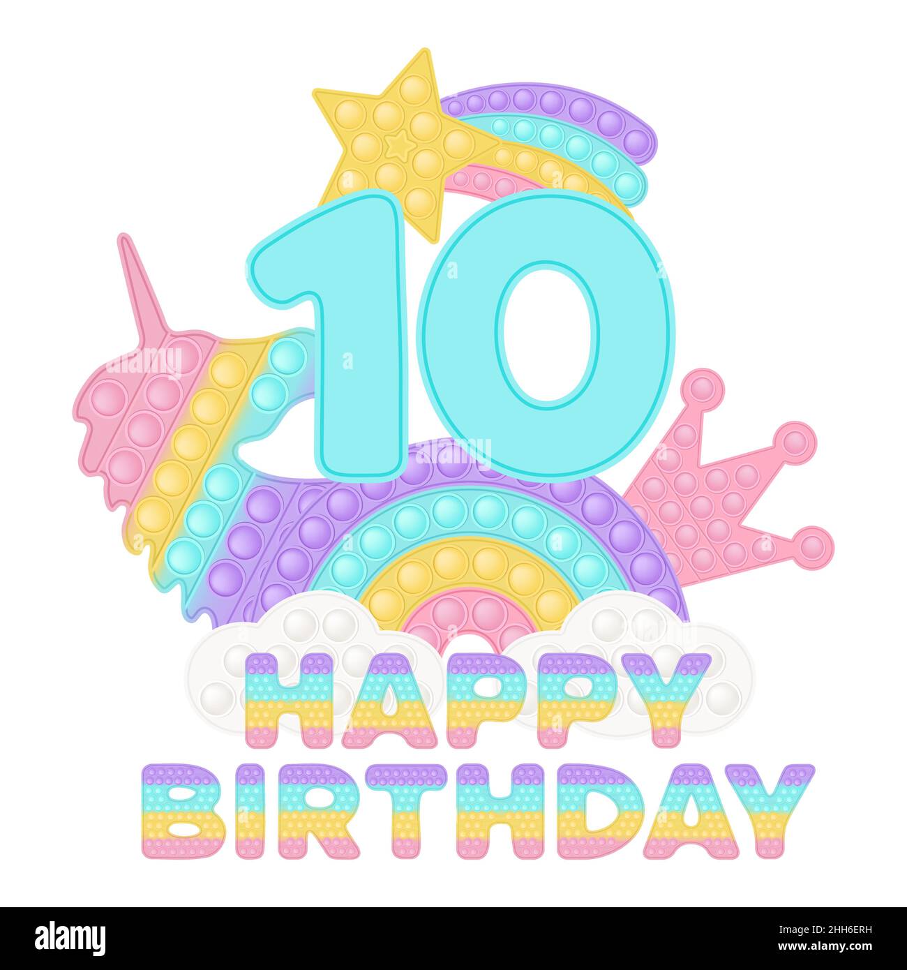 Happy 10th Birthday Ten Years Pop it Topper oder Sublimationsdruck für T-Shirt mit Stil ein modisches Silikonspielzeug für Fidgets. Blaue Zahl, Einhorn, cr Stock Vektor