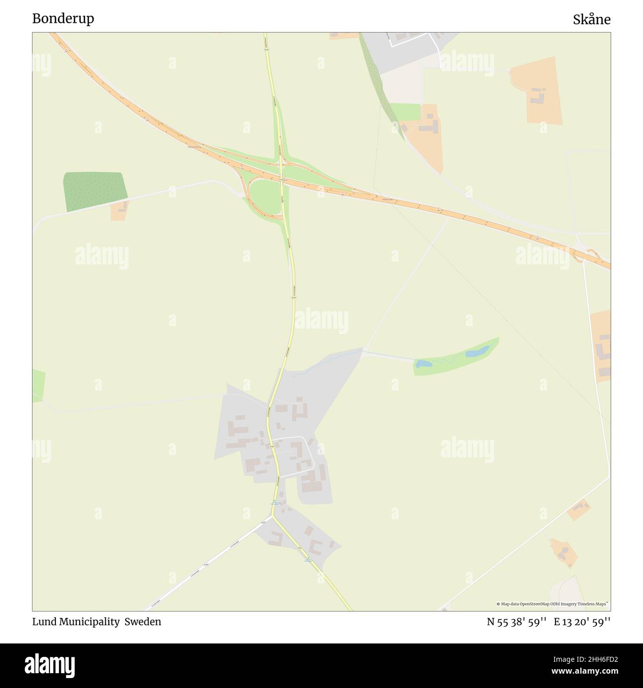 Bonderup, Gemeinde Lund, Schweden, Skåne, N 55 38' 59'', E 13 20' 59'', map, Timeless Map veröffentlicht im Jahr 2021. Reisende, Entdecker und Abenteurer wie Florence Nightingale, David Livingstone, Ernest Shackleton, Lewis and Clark und Sherlock Holmes haben sich bei der Planung von Reisen zu den entlegensten Ecken der Welt auf Karten verlassen.Timeless Maps kartiert die meisten Orte auf der Welt und zeigt die Verwirklichung großer Träume. Stockfoto