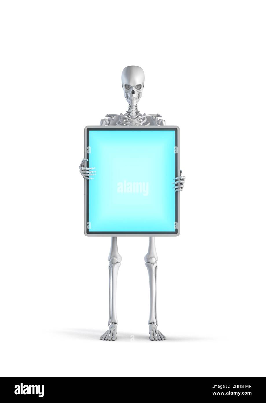 Skelett digitale Anzeige Konzept - 3D Illustration der männlichen menschlichen Skelett Figur hält bis leeren Flachbildschirm isoliert auf weißem Studio-Hintergrund Stockfoto