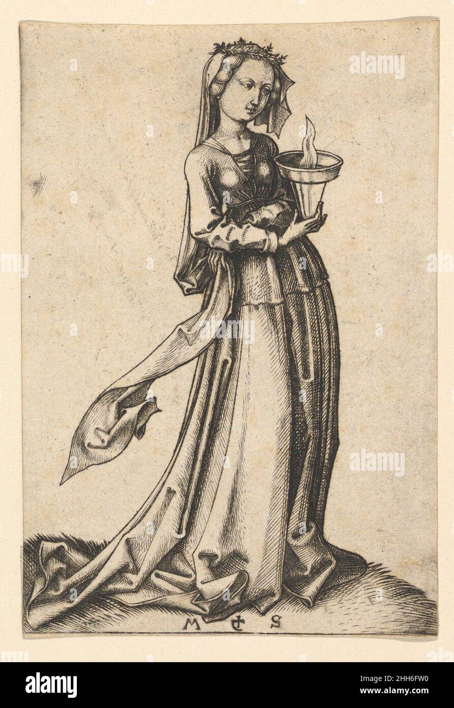 Die vierte Weise Jungfrau, aus der Serie die weisen und törichten Jungfrauen ca. 1435–1491 Martin Schongauer Deutsch. Die vierte Weise Jungfrau, aus der Serie die weisen und törichten Jungfrauen. Martin Schongauer (deutsch, Colmar ca. 1435/50–1491 Breisach). Ca. 1435–1491. Gravur. Ausdrucke Stockfoto