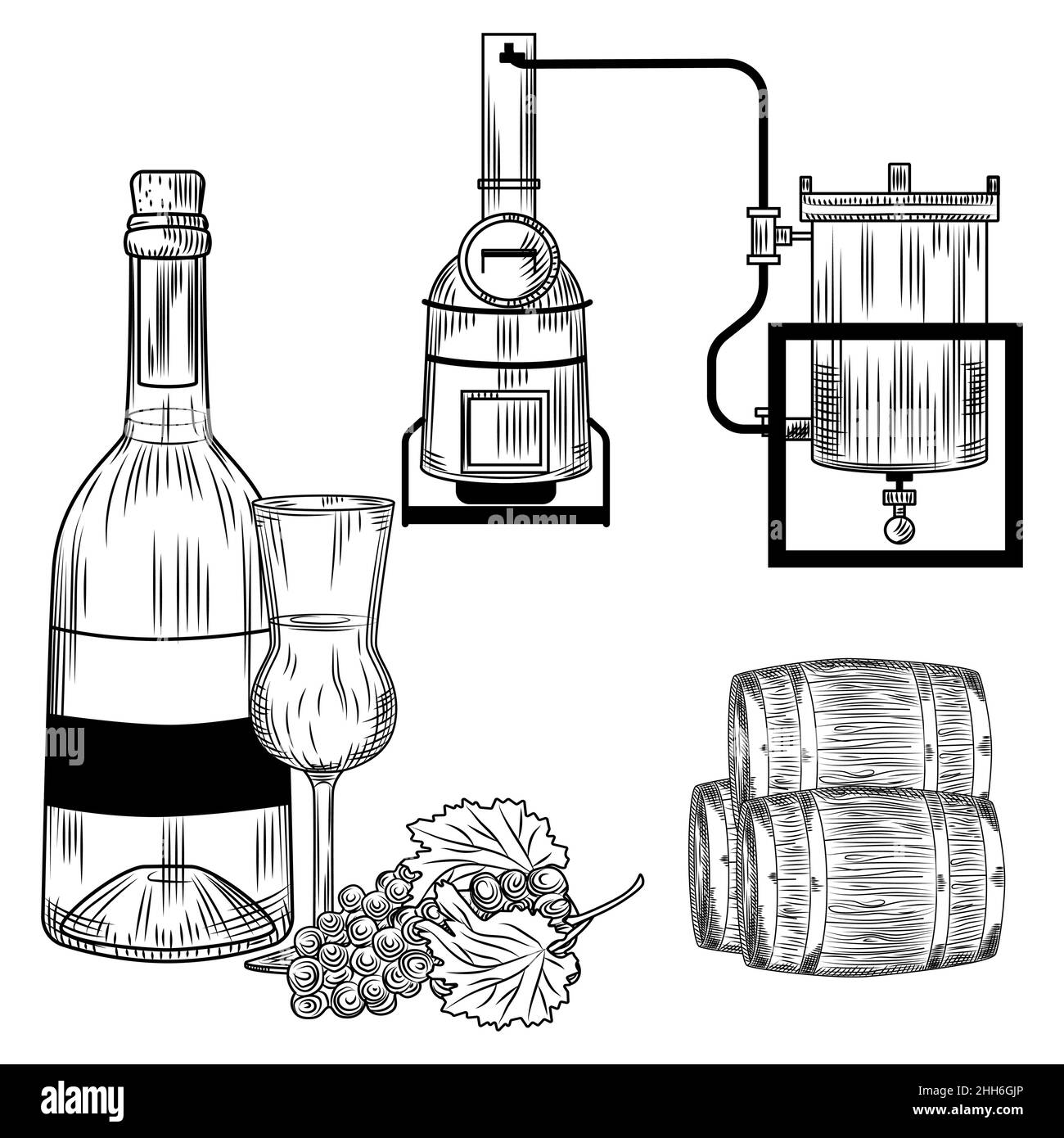 Grappa auf weißem Hintergrund. Italienische Alkohol im Stil retro Gravur Flasche, Glas, Trauben, alembic. Vektor-Vintage-Illustration. Stock Vektor