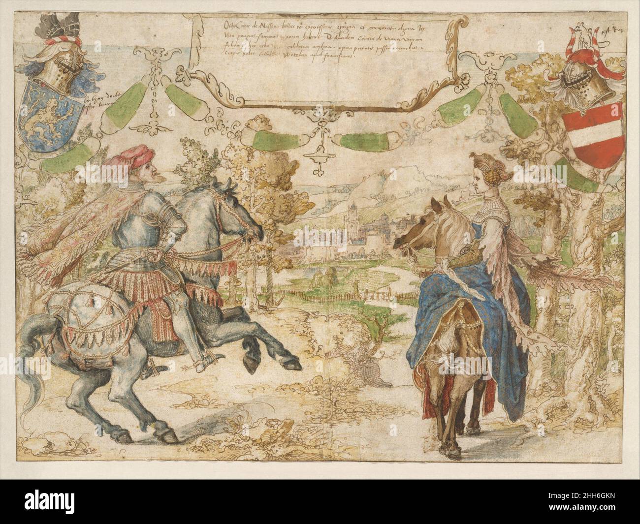 Otto, Graf von Nassau und seine Frau Adelheid van Vianen 1530–35 Bernard van Orley Niederlandisch Ende des Jahres 1520s beauftragte Heinrich III. Von Nassau, Berater von Kaiser Karl V., acht Wandteppiche vom Brüsseler Meister Bernard van Orley, die seine Vorfahren im Haus Oranien-Nassau verherrlichen. Die Wandteppiche wurden von Willem de Moyen in Brüssel gewebt, wurden aber wahrscheinlich 1760 bei einem Brand zerstört, und diese und sechs weitere Zeichnungen sind der einzige Bericht der kommission. Diese Zeichnung, die erst kurz vor dem Erwerb durch das Museum im Jahr 1995 entdeckt wurde, zeigt eine Zeichnung aus dem 14. Jahrhundert Heinrichs Stockfoto Otto, Graf von Nassau und seine Frau Adelheid van Vianen 1530–35 Bernard van Orley Niederlandisch Ende des Jahres 1520s beauftragte Heinrich III. Von Nassau, Berater von Kaiser Karl V., acht Wandteppiche vom Brüsseler Meister Bernard van Orley, die seine Vorfahren im Haus Oranien-Nassau verherrlichen. Die Wandteppiche wurden von Willem de Moyen in Brüssel gewebt, wurden aber wahrscheinlich 1760 bei einem Brand zerstört, und diese und sechs weitere Zeichnungen sind der einzige Bericht der kommission. Diese Zeichnung, die erst kurz vor dem Erwerb durch das Museum im Jahr 1995 entdeckt wurde, zeigt eine Zeichnung aus dem 14. Jahrhundert Heinrichs Stockfoto