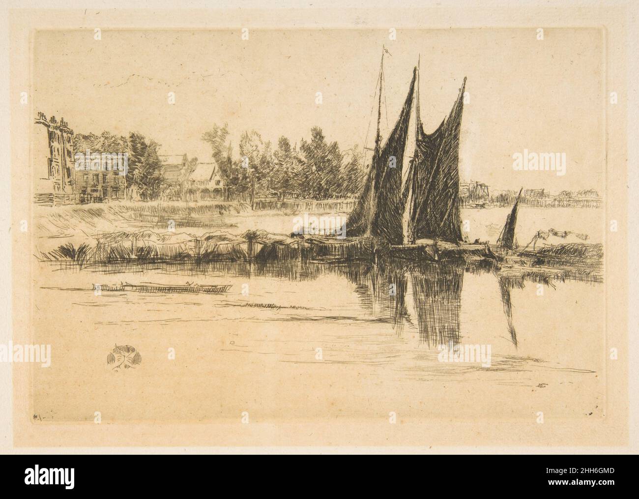 Hurlingham 1879 James McNeill Whistler Amerikaner. Hurlingham. James McNeill Whistler (Amerikaner, Lowell, Massachusetts 1834–1903 London). 1879. Radierung und Trockenpunkt; vierter Zustand von vier (Glasgow); gedruckt in schwarzer Tinte auf elfenbeinfarbenem Papier. Ausdrucke Stockfoto