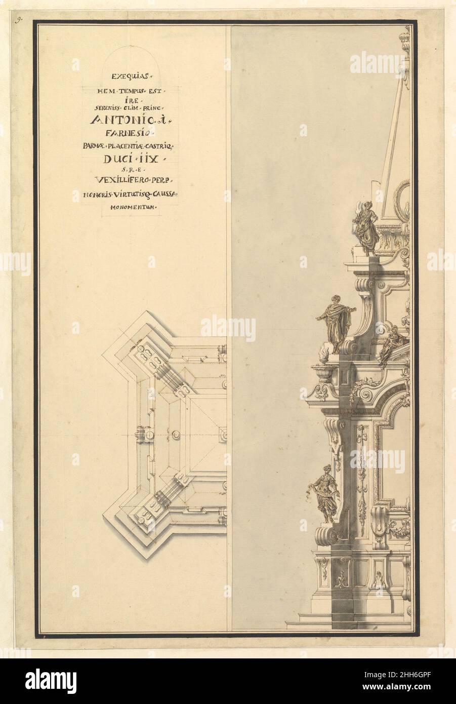 Halber Höhenweg und halber Grundrissen Plan für Catafalque für Antonio Farnese, Herzog von Parma (d. 1731) ca. 1731 Workshop von Giuseppe Galli Bibiena Italienisch. Halber Höhenweg und halber Grundrissen Plan für Catafalque für Antonio Farnese, Herzog von Parma (d. L 1731, S. Werkstatt von Giuseppe Galli Bibiena (Italienisch, Parma 1696–1756 Berlin). Ca. 1731. Stift, braune Tinte und braune und graue Waschungen. Zeichnungen Stockfoto