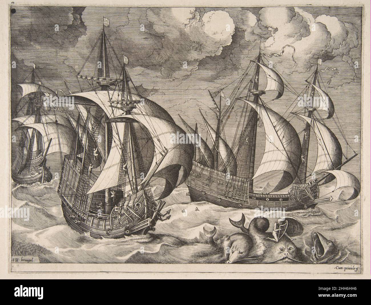 Drei Karavellen in einer aufsteigenden Truppe mit Arion auf einem Delphin von den Segelschiffen 1561–65 Pieter Bruegel der Ältere Niederlandisch. Drei Karavellen in einem Rising Squall mit Arion auf einem Delphin von den Segelschiffen 338713 Stockfoto