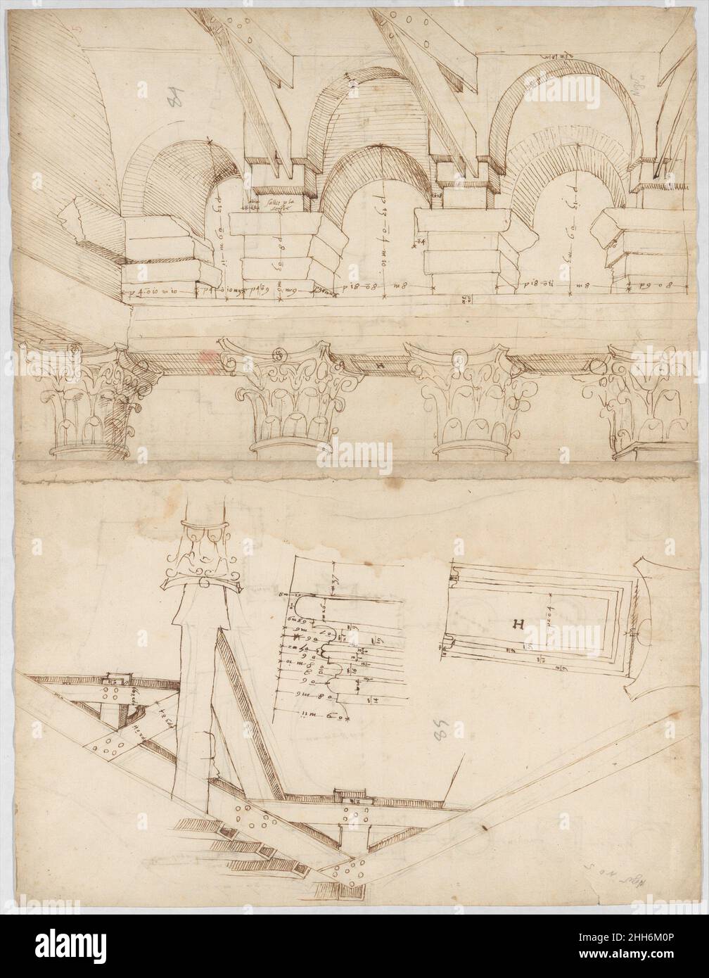 Pantheon, Portikus, Plan (recto) Pantheon, Portikus, Details und Perspektive (verso) Anfang bis Mitte des 16th. Jahrhunderts gezeichnet von Anonymus, Französisch, Französisch des 16th. Jahrhunderts. Pantheon, Portikus, Plan (recto) Pantheon, Portikus, Details und Perspektive (verso) 362553 Stockfoto