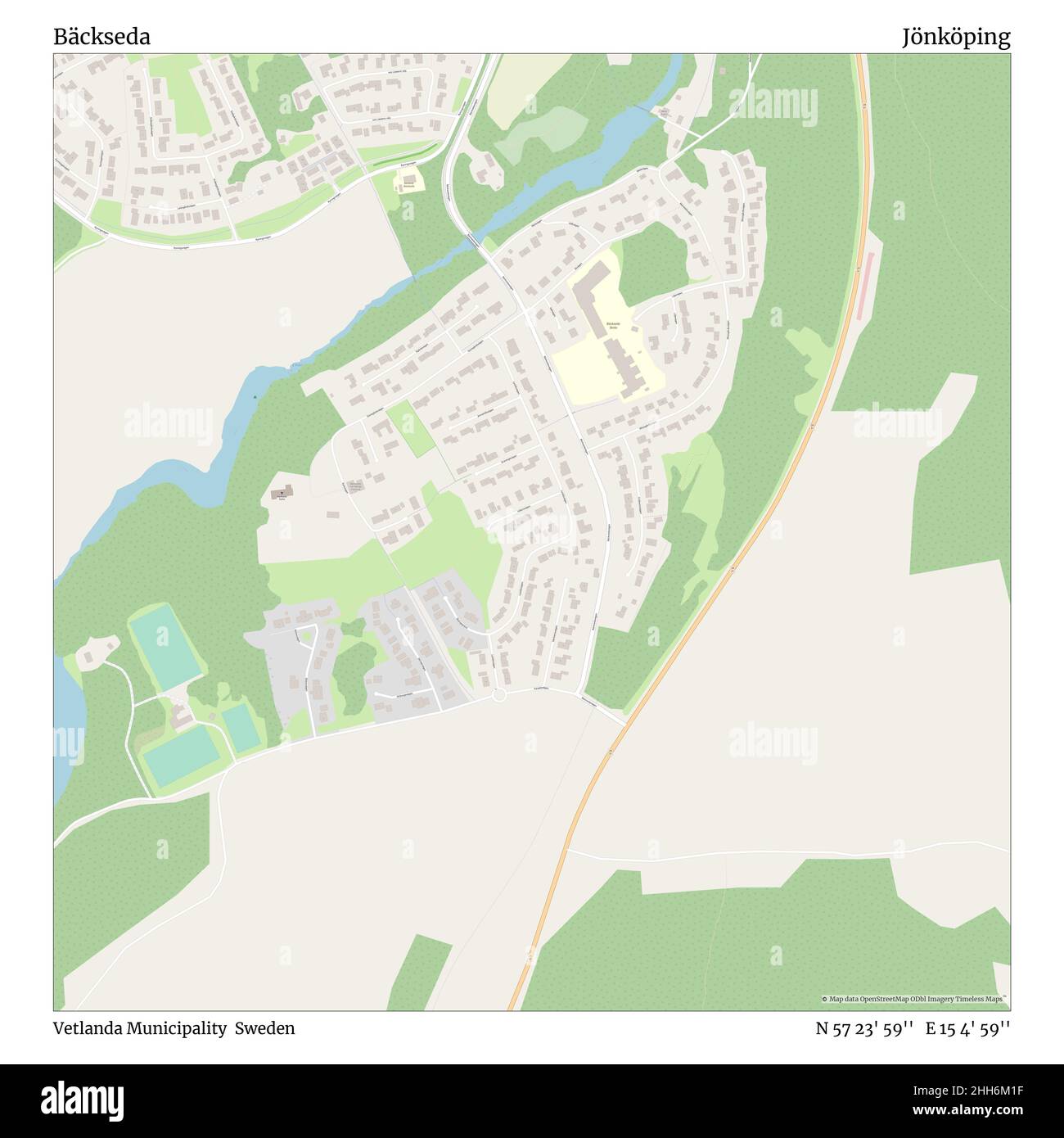 Bäckseda, Gemeinde Vetlanda, Schweden, Jönköping, N 57 23' 59'', E 15 4' 59'', map, Timeless Map veröffentlicht im Jahr 2021. Reisende, Entdecker und Abenteurer wie Florence Nightingale, David Livingstone, Ernest Shackleton, Lewis and Clark und Sherlock Holmes haben sich bei der Planung von Reisen zu den entlegensten Ecken der Welt auf Karten verlassen.Timeless Maps kartiert die meisten Orte auf der Welt und zeigt die Verwirklichung großer Träume. Stockfoto