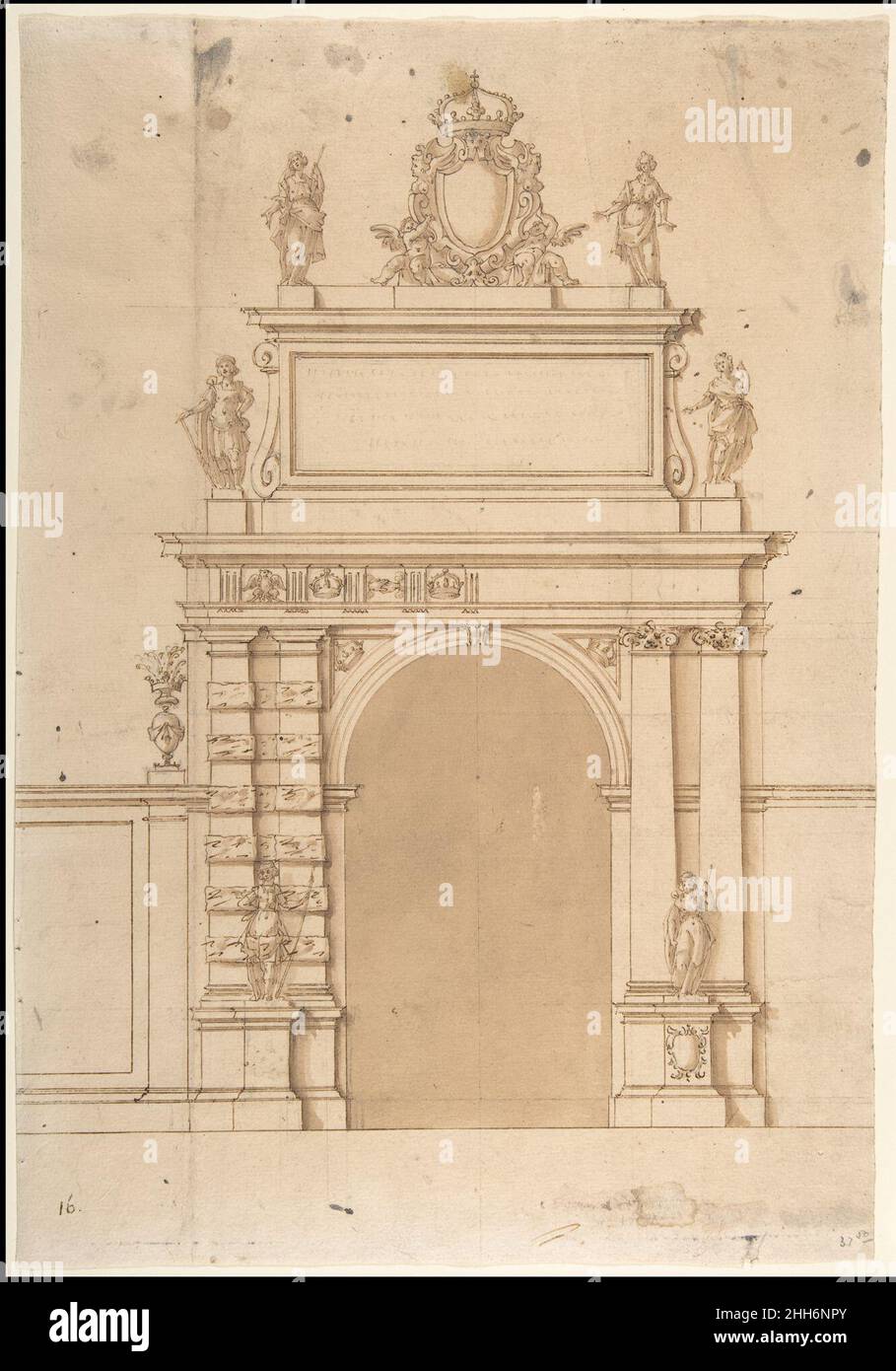 Entwurf für den Triumphbogen an der Porta Ticinese in Mailand, mit dem kaiserlichen Wappen der Habsburger und allegorischen Figuren 1633 Francesco Maria Richini (oder Ricchino) Italienisch Diese Zeichnung, die früher als anonym angesehen wurde, wurde korrekt vom Mailänder Architekten und Autor Francesco Maria Richini von Antonio Russo zugeschrieben (Siehe Bibliographie, Russo 2013), der den Entwurf mit dem triumphalen Eintritt von Kardinal Ferdinand Habsburg (1609-1641), dem 'Infante' von Spanien, identifizierte, der 1633 in der Porta Ticinese, dem südlichen Tor zur Stadt Mailand, stattfand. Design für den Triumphbogen bei Stockfoto