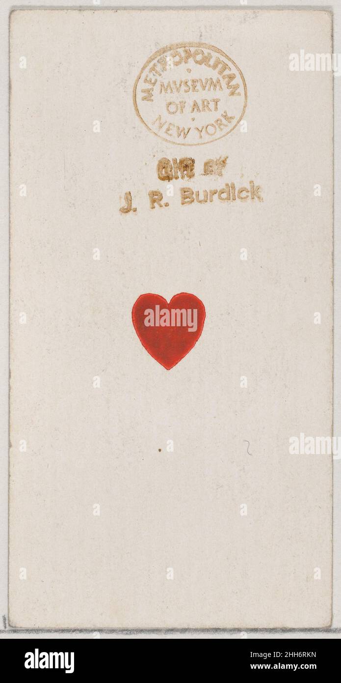 One Heart, aus der Spielkarten-Serie (N84) zur Förderung türkischer Cross-Cut-Zigaretten für W. Duke, Sons und Co. 1888, herausgegeben von W. Duke, Sons & Co. American Trade Cards aus der Spielkarten-Serie (N84), Im Jahr 1888 in einem Satz von 53 Karten ausgegeben, um die von W. Duke Sons & Co. Produzierten türkischen Cross-Cut-Zigaretten zu bewerben. Der Joker wirbt für Zigaretten der Marke Duke und das Ace of Spades zeigt eine Anzeige für türkische Cross-Cut-Zigaretten. Neben dem türkischen Cross-Cut wurde auch eine Version desselben Spielkartenensatzes veröffentlicht, um Th zu fördern Stockfoto