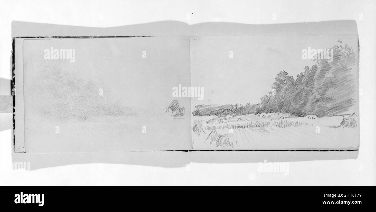 View of Field and Tress (from Sketchbook VII) 1886 William Trost Richards American Dieses Skizzenbuch enthält 46 Zeichnungen in Graphit und Tinte, hauptsächlich von Neu-England-Landschaften und Meeresmotive. Die Ergänzung der Sammlung dieses und eines anderen Skizzenbuches (1992,2.2) von Landschaftsmotive des pazifischen Nordwestens durch Richards vervollständigt praktisch die Palette der grafischen Errungenschaften des Künstlers. Die Bücher sind bemerkenswert sowohl für hochgearbeitete Kompositionen als auch für Seiten mit schnellen Notizen, die wahrscheinlich bei Spaziergängen durch das Land entstanden sind. Die Seiten zeugen von Richa Stockfoto