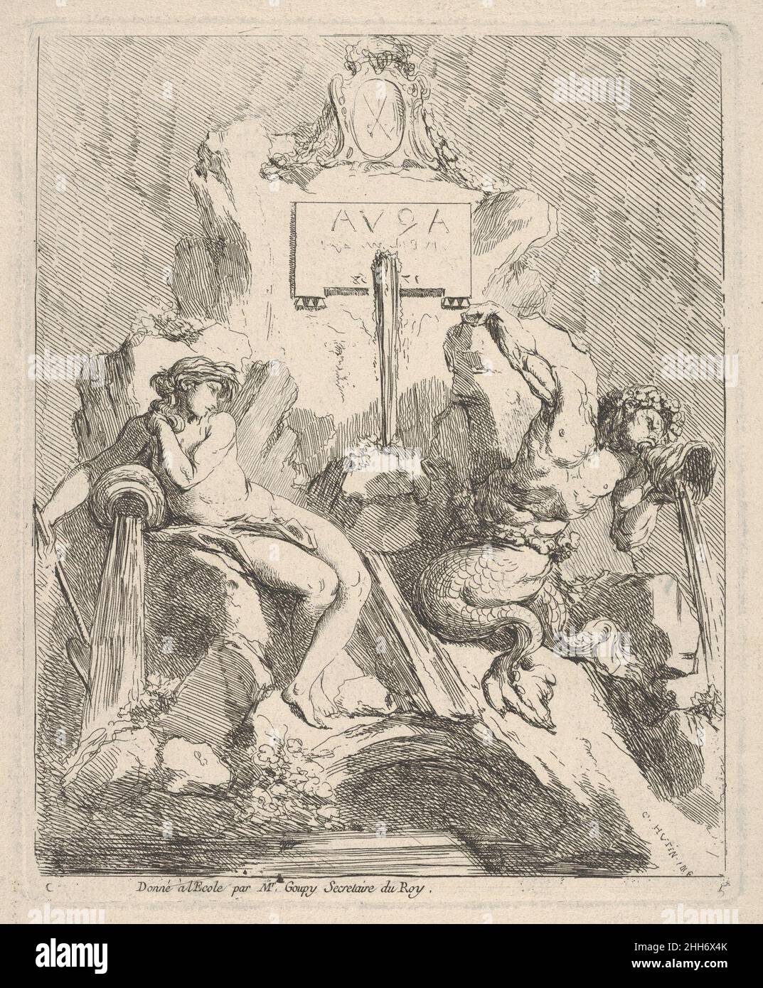 Entwurf für einen Brunnen mit einer sitzenden Nymphe auf der linken Seite und triton hält eine Muschel an seinem Mund auf der rechten Seite 1768 Charles Hutin Französisch. Entwurf für einen Brunnen mit einer sitzenden Nymphe links und triton, der eine Muschel an seinem Mund rechts hält 397425 Stockfoto