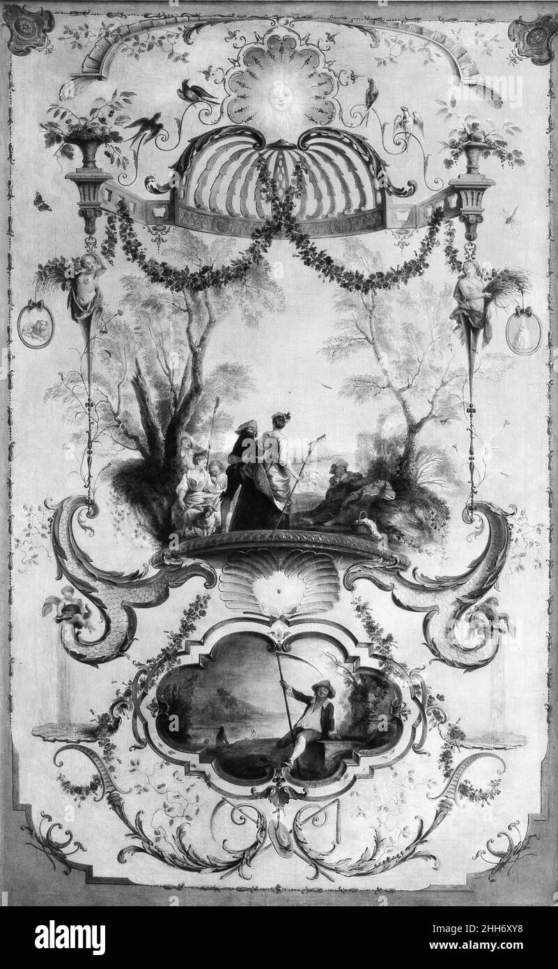 Juli und August (Teil eines Sets, das die Monate des Jahres illustriert) Anhänger des zweiten Quartals des 18th. Jahrhunderts von Antoine Watteau Französisch eines von einem Satz von Tafeln (22.225.1–.6), die wahrscheinlich eine Reihe von Dekoration für einen Raum bildeten. Jedes Panel repräsentiert zwei Monate des Jahres und zeigt astrologische Zeichen und Berufe, die den Jahreszeiten angemessen sind. Der Juli und der August werden von den stillstehenden Bauern und der Landschaft mit den Badenden dargestellt.. Juli und August (Teil eines Sets, das die Monate des Jahres illustriert) 194948 Stockfoto