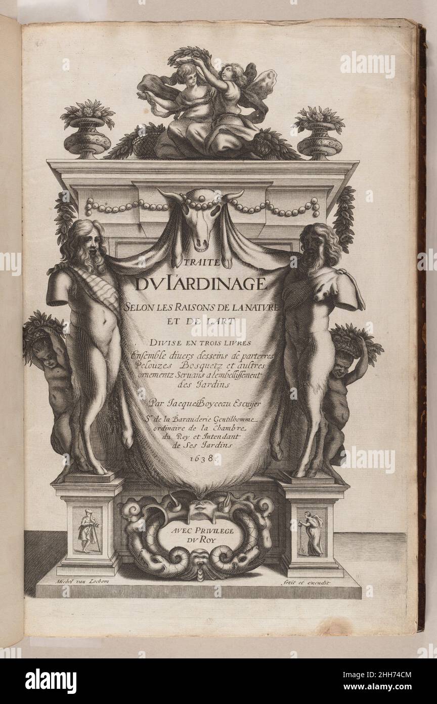 Traité du Jardinage selon les Raisons de la Nature et de l'Art 1638 möglicherweise von Michel van Lochom der flämische Traité du jardinage selon les raisons de la nature et de l'Art von Jacques Boyceau de la Baraudière, der 1638 in Paris veröffentlicht wurde, War die wichtigste Publikation zum Thema Gartenarchitektur in der Zeit vor André Mollets Abhandlung von 1651. Der Titel erklärt den Inhalt des Buches, das praktische Informationen mit ästhetischen Erkenntnissen verbindet. Durch die Verbreitung solcher Druckwerke wurden die neuesten französischen gartenkünstlerischen Prinzipien und neue Muster für Parterre dec bekannt Stockfoto