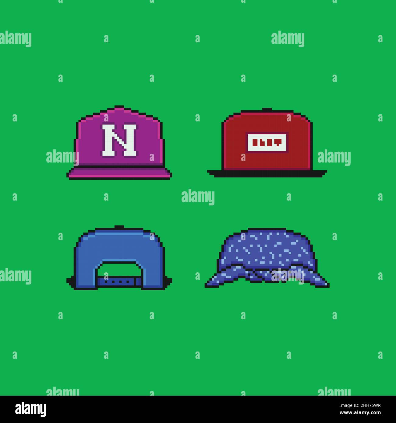 Symbolsatz für Pixelbild-Vektorgrafik. Baseballmütze, vorne und hinten, Bandana-Kopfzubehör. Spielelemente 8-Bit isoliert auf grünem Chroma-Schlüssel Stock Vektor