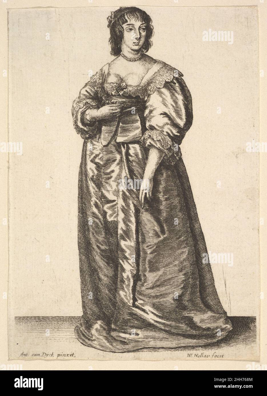 Ganzfigur einer Dame 1625–77 Wenceslaus Hollar Bohemian Ganzfigur leicht nach links, Kopf leicht nach rechts. Sie hat eine gerade Franse und eine Blume im Haar links und eine andere oben hinten. Sie trägt eine Perlenkette und Perlenohrringe. Ganzkörperfigur einer Dame 360838 Stockfoto