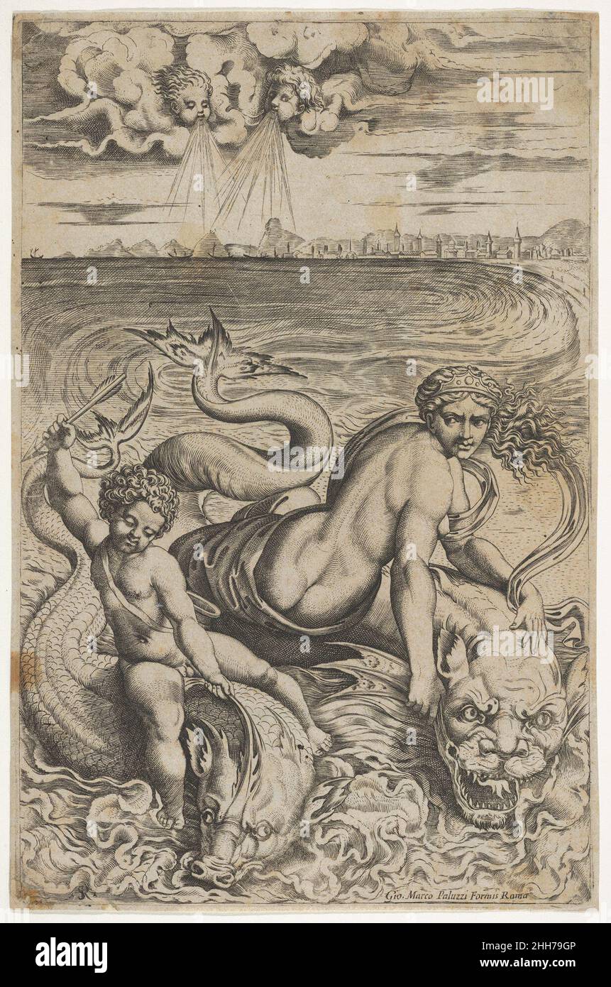 Venus und Amor auf zwei Meeresmonstern reitend, hebt Amor einen Pfeil in seiner rechten Hand, zwei Köpfe, die den Wind in den Wolken über ca. 1515–27 Marco Dente Italienisch. Venus und Amor auf zwei Meeresmonstern reitend, hebt Amor einen Pfeil in seiner rechten Hand, zwei Köpfe, die den Wind in den Wolken über 397692 darstellen Stockfoto