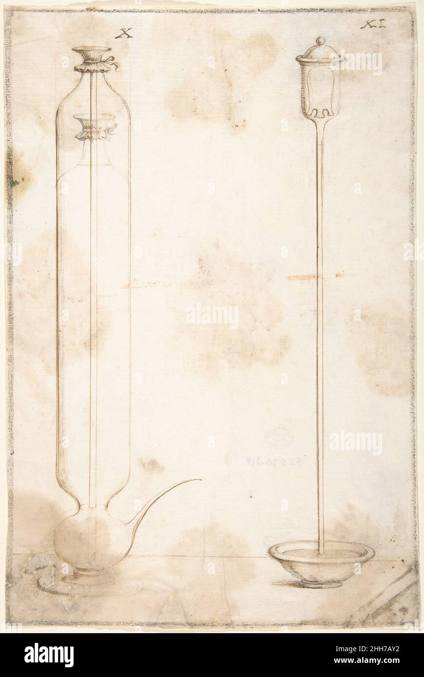 Zwei Glasbehälter für wissenschaftliche Experimente mit Flüssigkeiten (Illustrationen zu 'Saggi di naturali esperienze') 1666 zugeschrieben Anonymous, 17th Jahrhundert. Zwei Glasbehälter für wissenschaftliche Experimente mit Flüssigkeiten (Illustrationen zu 'Saggi di naturali esperienze') 383307 Stockfoto