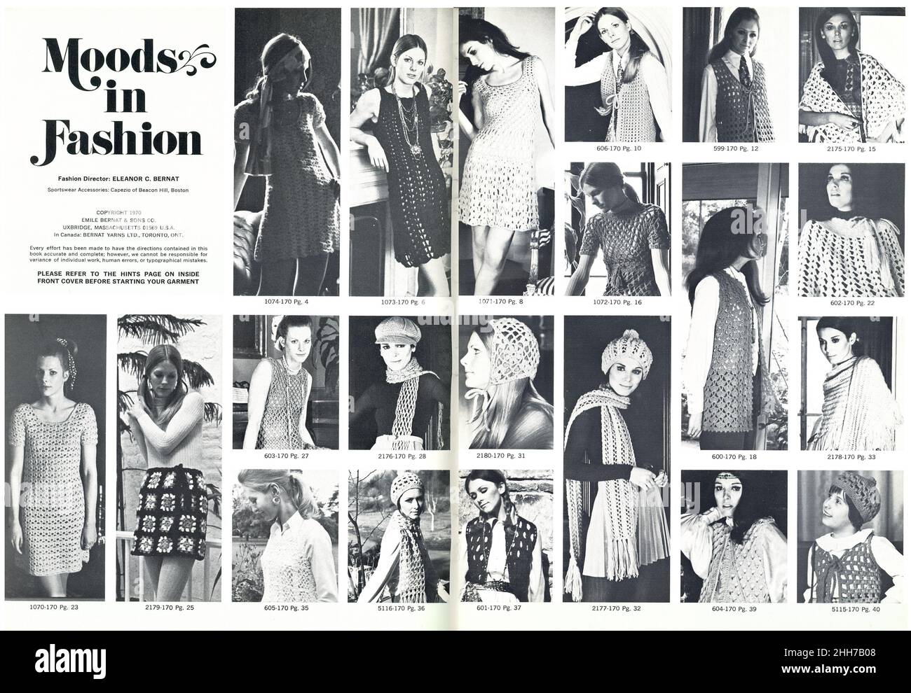 Vintage 'Moods in Fashion' von Bernat illustriertes Lehrbuch, USA 1970 Stockfoto