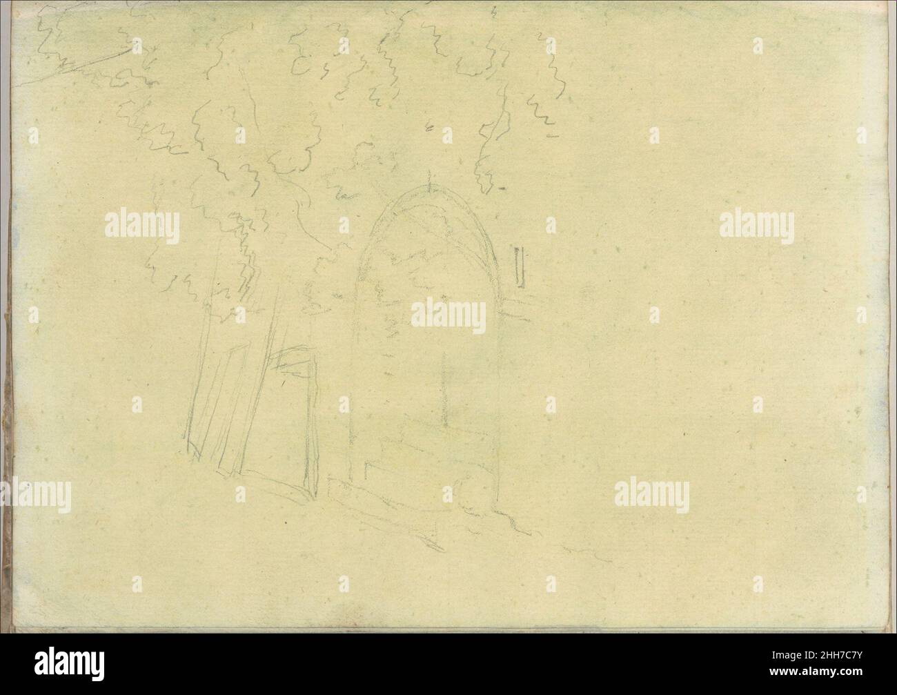 Bäume neben einer gewölbten Öffnung mit Stufen (kleineres italienisches Skizzenbuch, Blatt 17 recto) 1774–75 (?) Joseph Wright (Wright of Derby) Britisch. Bäume neben einer gewölbten Öffnung mit Stufen (kleineres italienisches Skizzenbuch, Blatt 17 recto) 418080 Stockfoto