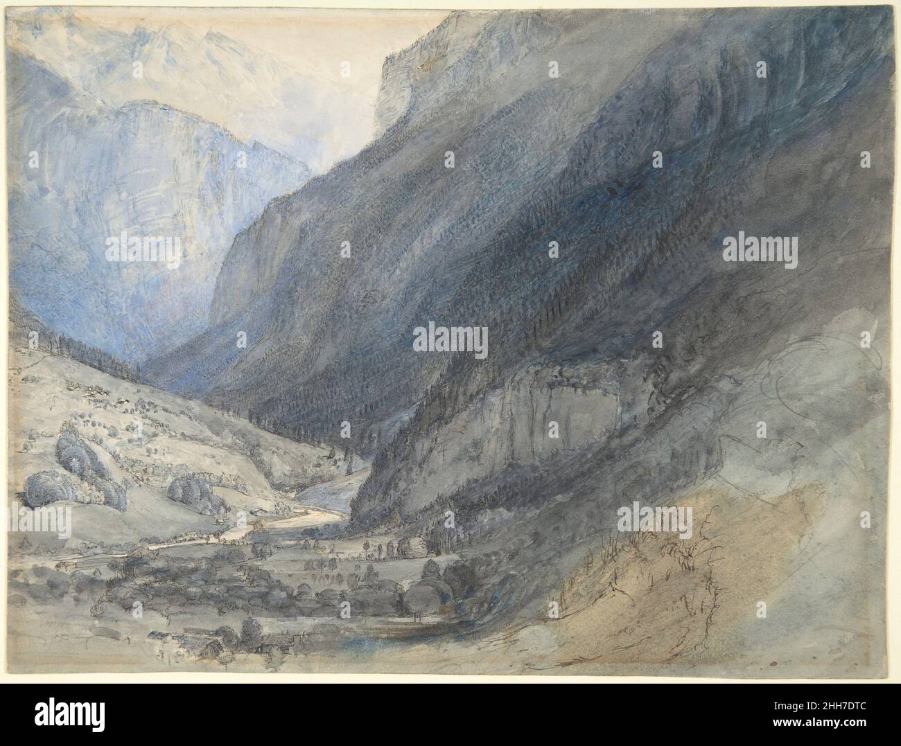 Das Lauterbrunnental, Schweiz ca. 1866 John Ruskin British als der gefeierte viktorianische Kritiker und Amateurmaler Ruskin 1833 die Alpen zum ersten Mal sah, reagierte er darauf als erhabene Aufzeichnungen göttlicher Schöpfung und wissenschaftlich relevanter geologischer Formationen. Eine spätere Reise führte zu diesem Bild, in dem sonnenbeschienene Bäume links mit steilen, schattigen Kiefernreihen rechts kontrastieren. Ätherische blaue Wäschen bilden einen Dunst, der weit entfernte Gipfel umhüllt, während nahe gelegene Hänge mit trockener Pinselarbeit über flüssige Waschgänge artikuliert werden, wobei Tinte aufgetragen wird, um Bäume und kleine Gebäude zu beschreiben. Ruskin ma Stockfoto