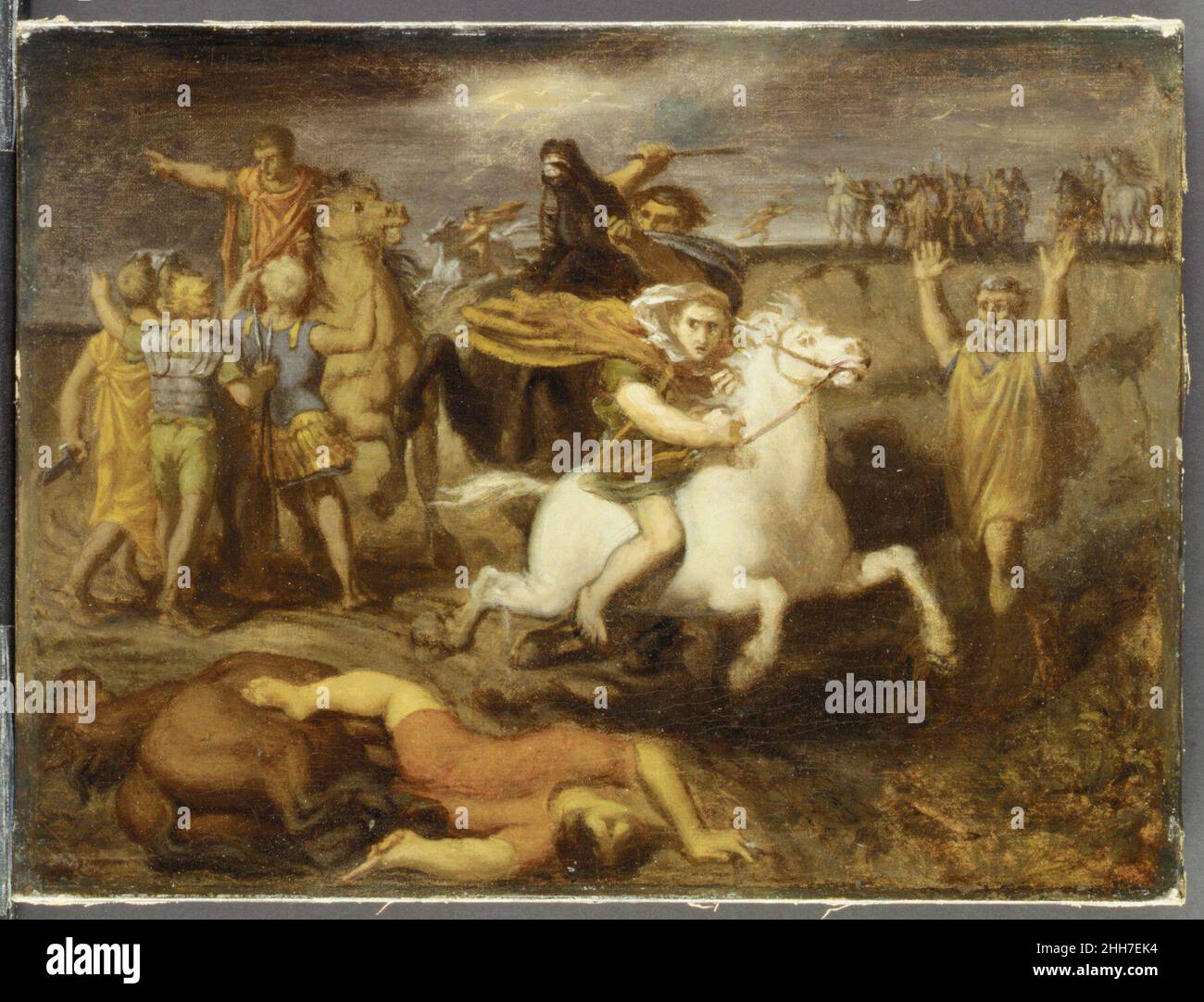 Szene aus den Gallischen Kriegen: Der Gallier Littavicus, der die römische Sache verraten hat, flüchtet nach Gergovie, um Vercingétorix zu unterstützen. 1838–40 Théodore Chassériau Französisch. Szene aus den Gallischen Kriegen: Der Gallier Littavicus, der die römische Sache verraten hat, flüchtet zu Gergovie, um Vercingétorix zu unterstützen. Théodore Chassériau (Französisch, Le Limon, Saint-Domingue, Westindien 1819–1856 Paris). Ca. 1838–40. Öl auf Leinwand. Gemälde Stockfoto
