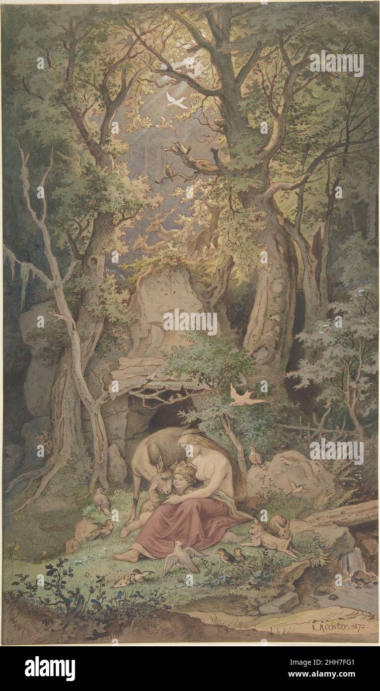 Genoveva 1820–84 Adrian Ludwig Richter das lebenslange Interesse an mittelalterlichen Legenden zeigt sich in diesem filigranen Aquarell, das Genoveva von Brabant, die Gemahlin des pfälzischen Grafen Siegfried von Treves (heute Trier im deutschen Rheinland) aus dem 13th. Jahrhundert darstellt. Während ihr Mann im Krieg war, wurde sie fälschlicherweise des Ehebruchs beschuldigt und zum Tode verurteilt. Vom Henker verschont, floh sie in den Wald der Ardennen in Frankreich und lebte mit ihrem Sohn sechs Jahre lang in einer Höhle, gefüttert von einem weiblichen Reh. Basierend auf einer großen Radierung, die Richter etwa dreißig Jahre zuvor, im Jahr 1848, gemacht hat, ist dieses Bild U Stockfoto