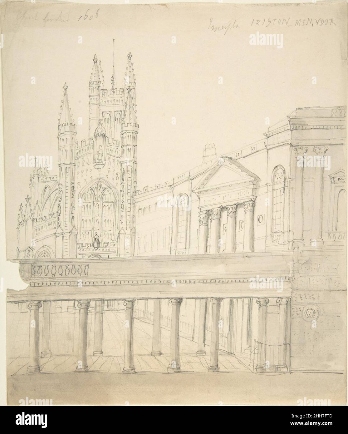Blick auf die Abtei und Great Pump Room in Bath, durch die Kolonnade Hinzugefügt von Thomas Baldwin, 1786-9 19th Century Anonymous, British, 19th Century British. Blick auf die Abtei und den Great Pump Room in Bath, durch die Kolonnade Hinzugefügt von Thomas Baldwin, 1786-9 386436 Stockfoto