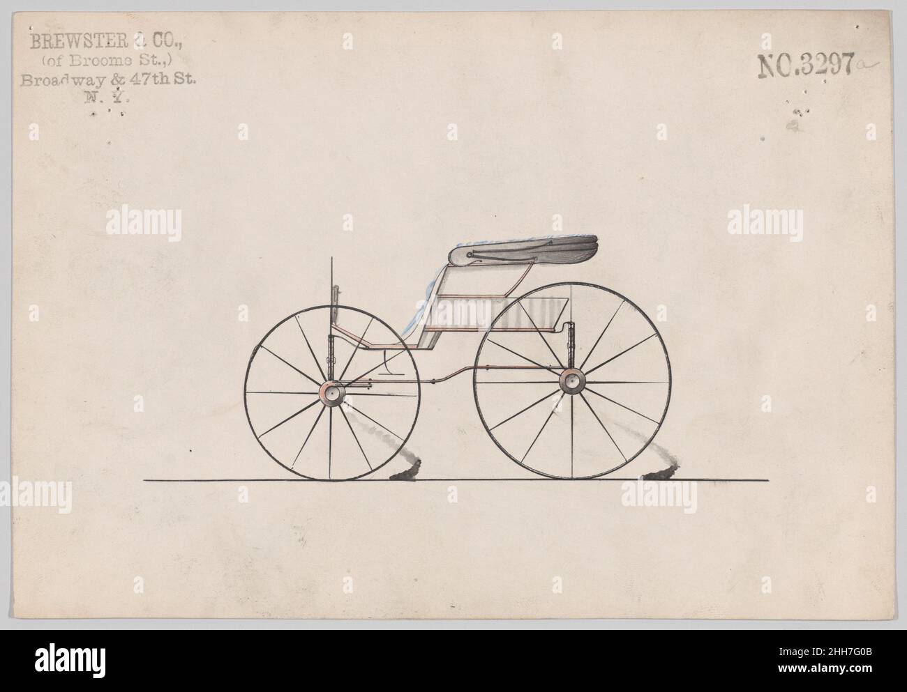 Design für Pony Phaeton, nein 3297a 1877 Brewster & Co. American Brewster & Company HistorieBrewster & Company wurde 1810 von James Brewster (1788–1866) in New Haven, Connecticut, gegründet und spezialisierte sich auf die Herstellung von feinen Wagen. Der Gründer eröffnete 1827 einen New Yorker Showroom in der 53-54 Broad Street, und das Unternehmen florierte unter Generationen der Familienführung. Die Expansion erforderte Umzüge in Lower Manhattan, wobei Namensänderungen die Veränderungen des Managements widerspiegeln – James Brewster & Sons operierte an der 25 Canal Street, James Brewster Sons am 396 Broadway und Brewster von der Broome Street war b Stockfoto