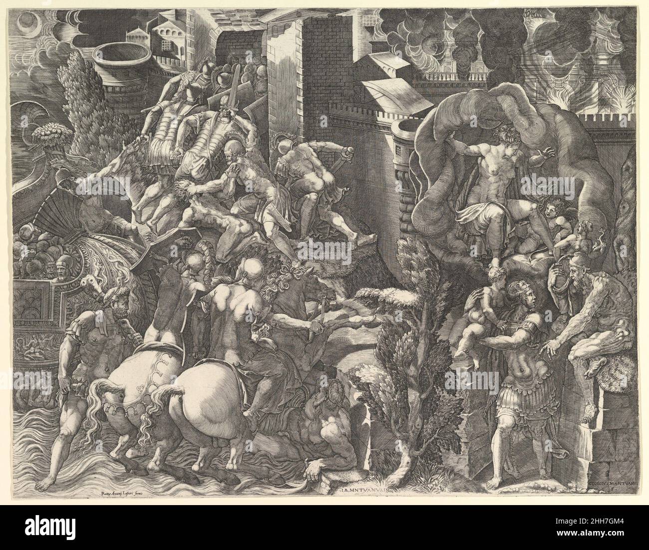 Der Fall von Troja und die Flucht von Aeneas Mitte der 1540er Jahre Giorgio Ghisi Italienisch. Der Fall von Troja und die Flucht von Aeneas 367400 Stockfoto