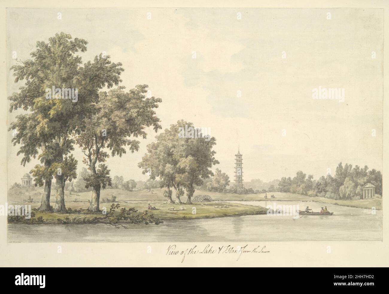 Blick auf den See und die Insel vom Lawn at Kew 1763 William Marlow British Dieses zarte Aquarell zeigt einen Blick in den Royal Botanic Garden of Kew (bei London), der vom berühmten englischen Architekten William Chambers aus dem 18. Jahrhundert entworfen wurde. Dieses Blatt ist in einem Album gebunden, das die später in gedruckter Form veröffentlichten Originalzeichnungen als Pläne, Erhebungen, Abschnitte und perspektivische Ansichten der Gärten und Gebäude von Kew in Surrey, dem Sitz ihrer königlichen Hoheit, der Prinzessin Dowager von Wales (London, 1763) enthält. Diese Arbeit illustriert Teile des Gartens und zahlreiche Strukturen in Ke Stockfoto