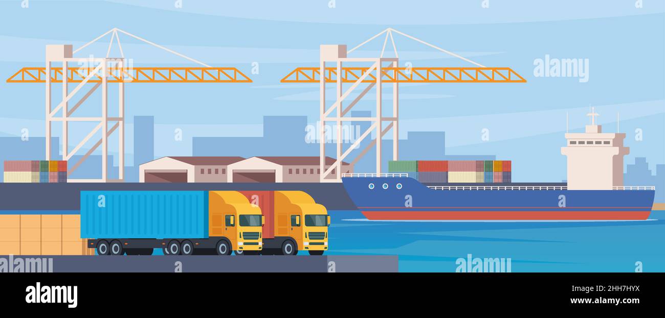Frachthafen mit Kränen, Containerschiffen, Containern und Lagerhäusern. Cargo Trucks im Vordergrund. Gewerblicher Verkehr. Logistik. Internationale Trans Stock Vektor