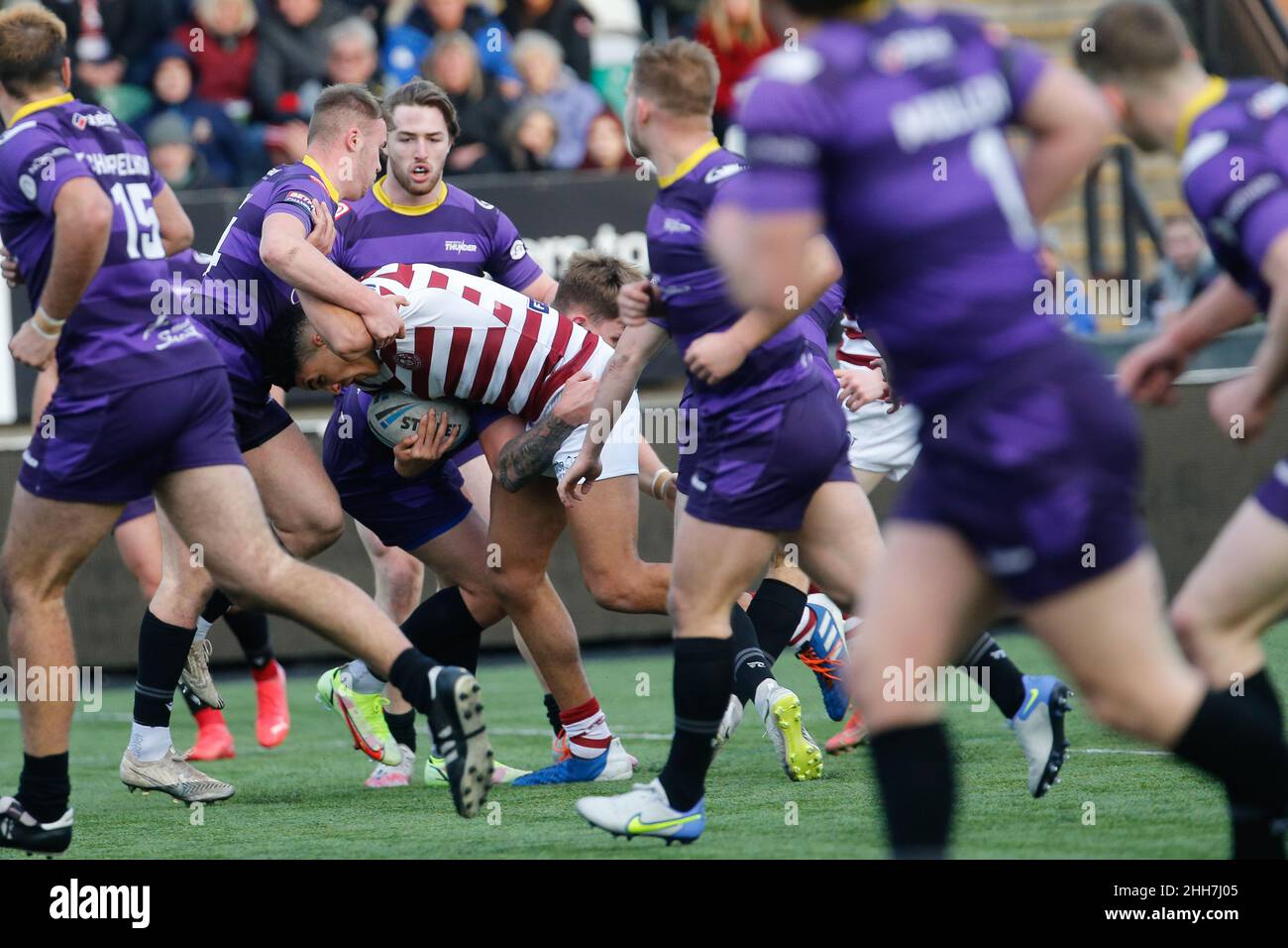 Newcastle, Großbritannien. 23rd Januar 2022. NEWCASTLE UPON TYNE, GROSSBRITANNIEN. JAN 23rd Kai Pearce-Paul von Wigan Warriors erhebt Vorwürfe während des Freundschaftsspiel zwischen Newcastle Thunder und Wigan Warriors im Kingston Park, Newcastle am Samstag, den 22nd. Januar 2022. (Kredit: Chris Lishman | MI News) Kredit: MI Nachrichten & Sport /Alamy Live News Stockfoto