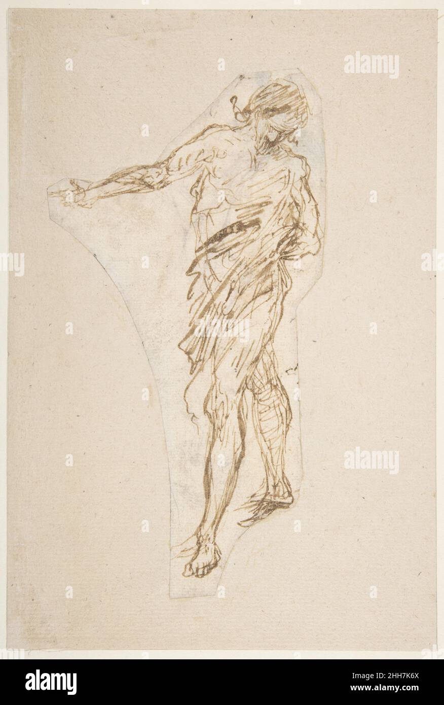 Stehende männliche Figur mit ausgefahrtem rechten Arm (recto); sitzende männliche Figur (verso) 1540–97 Romulo Cincinnato Italienisch. Stehende männliche Figur mit ausgefahrtem rechten Arm (recto); sitzende männliche Figur (verso). Romulo Cincinnato (Italienisch, Florenz ca. 1540–1597/98 Madrid). 1540–97. Stift und braune Tinte (recto); sitzende männliche Figur in Stift und braune Tinte (teilweise abgeschnitten) (verso). Zeichnungen Stockfoto