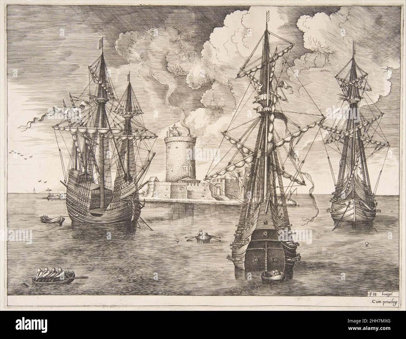 Vier Meister und zwei drei Meister vor einer befestigten Insel von den Segelschiffen verankert 1561–65 Pieter Bruegel der Ältere Niederlandisch Diese Gravur gehört zu einer Serie von zehn Drucken, die als die Segelschiffe bekannt sind und von Frans Huys nach Entwürfen von Pieter Bruegel der Ältere ausgeführt wurden. Die Serie zeigt eine breite Palette von Segelschiffen, darunter Handelsschiffe und Kriegsschiffe, große Seeschiffe und kleine Achterbahnen, Galeeren und Karavellen. Hier stellte Bruegel ein vier-Master, d.h. ein Schiff mit vier Masten, und zwei drei-Master dar, die in der Nähe einer befestigten Insel mit einem Leuchtturm verankert waren. Die Details und Stockfoto