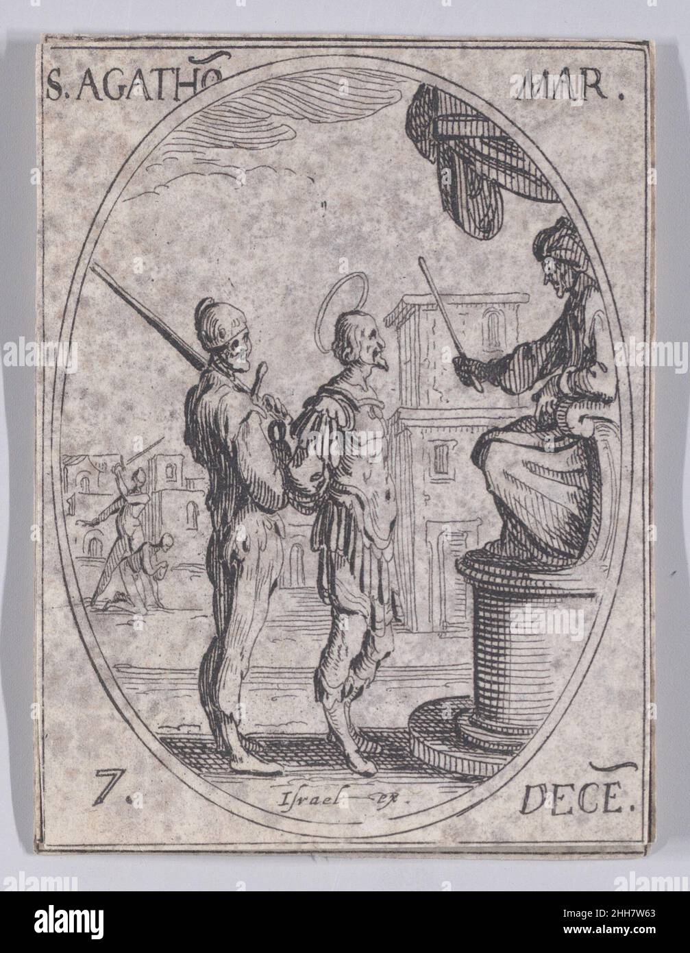 St. Agathon, Martyr, Dezember 7th, aus Les Images De Tous Les Saincts et Saintes de L'Année (Bilder aller Heiligen und religiösen Ereignisse des Jahres) 1636 Jacques Callot Französisch dieser Druck ist Teil einer Serie, die aus einer Titelseite, einem Frontispiz und 122 Tafeln besteht. Jede dieser 122 Tafeln enthält vier ovale Szenen, die Heilige und religiöse Ereignisse für jeden Tag des Jahres darstellen. Diese Radierung war ursprünglich eine von vier ovalen Szenen auf einer Platte in der Serie. St. Agathon, Märtyrer, Dezember 7th, aus Les Images De Tous Les Saincts et Saintes de L'Année (Bilder aller Heiligen und Ordensleute Stockfoto