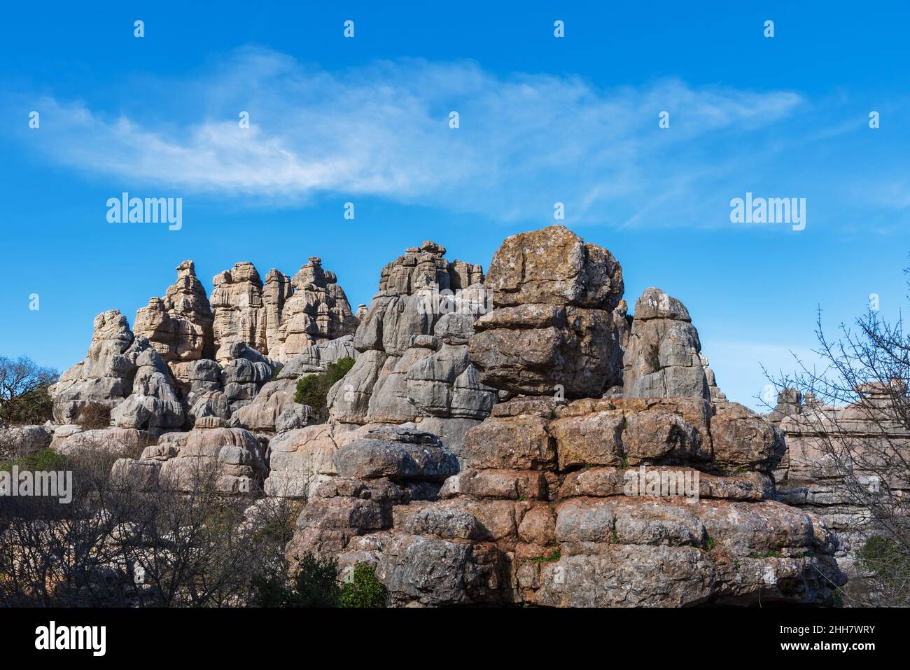 Naturgebiet El Torcal de Antequera, Landschaft aus Karststein, geformt durch das Wetter. Stockfoto