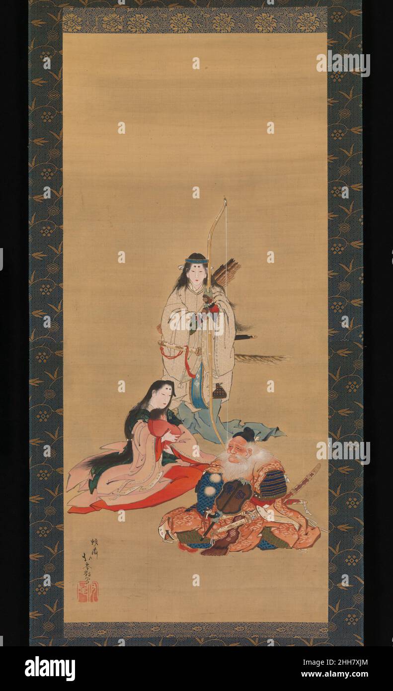 Die Legendäre Kaiserin Jing? Mitte des 19th. Jahrhunderts K?sai Hokushin ???? Der Japaner Jing?, eine legendäre Kaiserin Japans, war ein Kriegerherrscher, der im dritten Jahrhundert aktiv gewesen sein soll. Eine nasse Krankenschwester kastelt ihren Sohn, den zukünftigen Kaiser ?jin. Takenouchi no Sukune, ihr verwisterter General, hält einen Fächer mit den Worten „Zerstörer der Armeen“, der sich auf einen militärisch günstigen Stern im Großen Wagen bezieht, und eine Erinnerung daran, dass Katsushika Hokusai (1760–1849) und viele seiner Schüler – einschließlich K?sai Hokushin – Anhänger des Kults des Nordsterns waren. Die Legendäre Kaiserin Jing?. K?sai Hokushin ???? (Japan Stockfoto