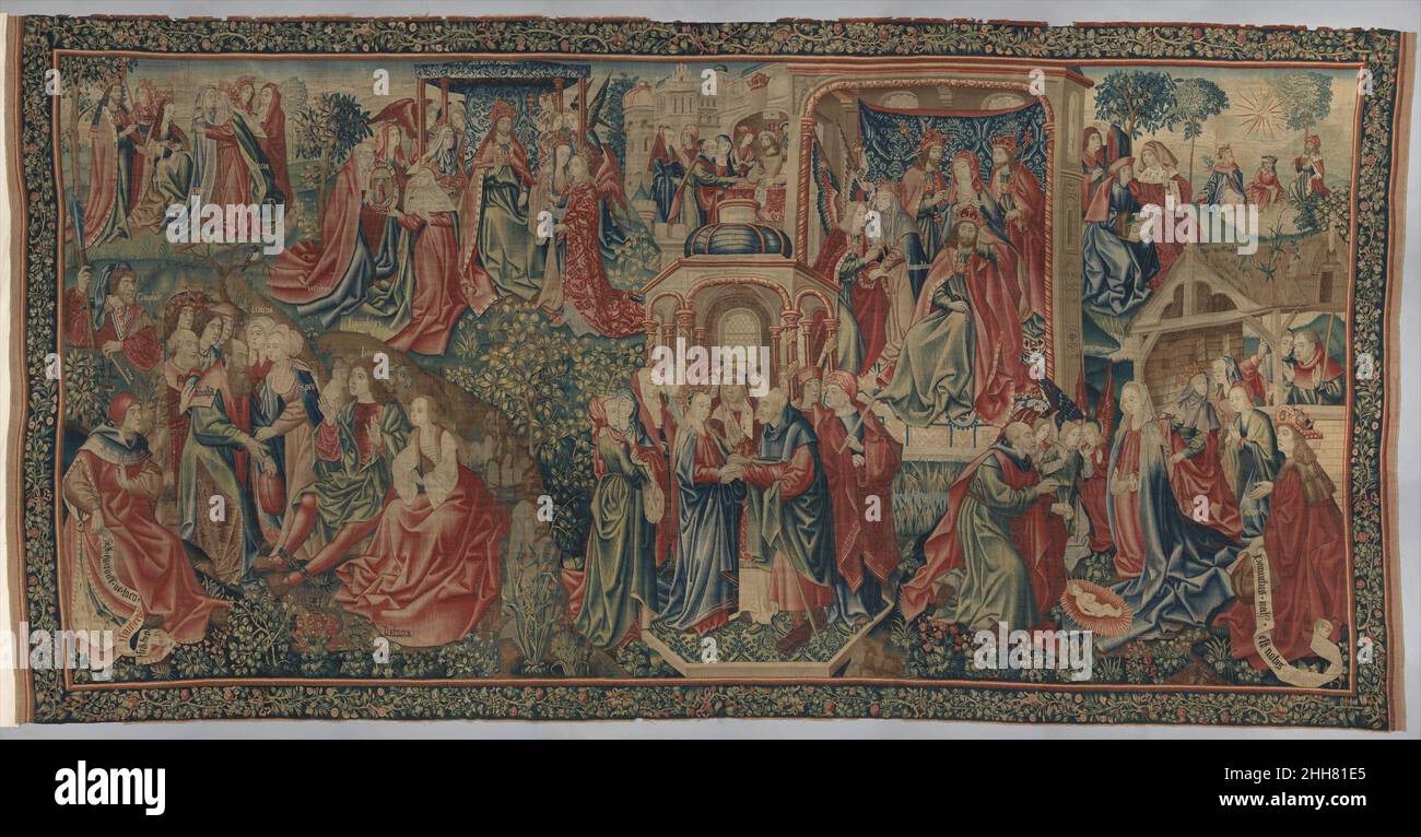 Christus wird als Erlöser des Menschen geboren (Folge aus der Geschichte der Erlösung des Menschen) 1500–1520 Südniederländisch dieser Wandteppich mit seinen reichen und komplexen Bildern ist der vierte in einer Serie von zehn, die die Geschichte von Christi Erlösung der Menschheit erläutern. Die Serie zeigt einerseits den Sündenfall der Menschheit und ihre Unfähigkeit, trotz der Hilfe der Tugenden der Versuchung zu widerstehen, und andererseits die Sendung Christi, die Menschheit mit Gott zu versöhnen und so die Erlösung zu erreichen. Der Inhalt dieser erweiterten visuellen Erzählungen wird sowohl aus christlichen Schriften als auch aus med Stockfoto