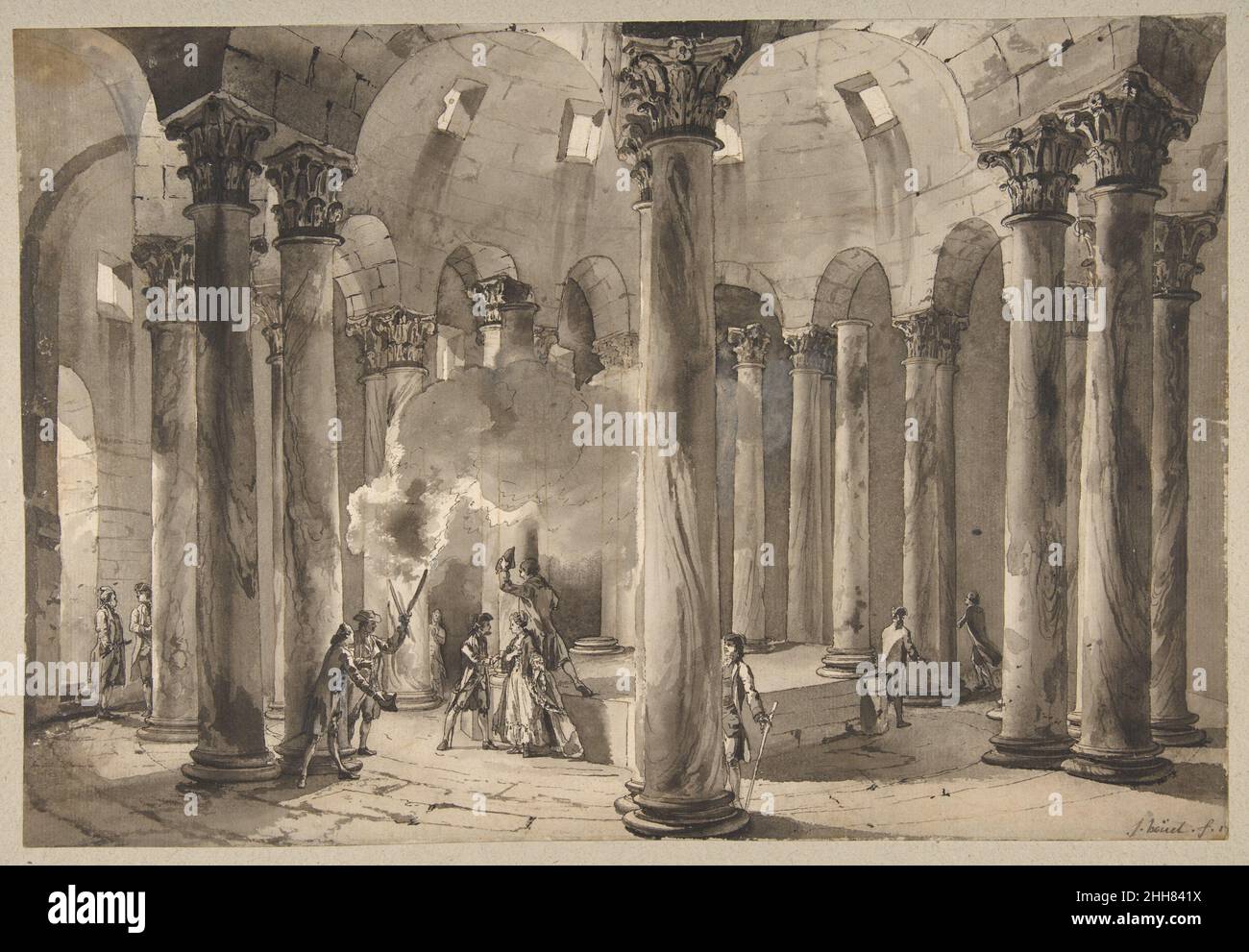Besucher mit Fackeln in einem kreisförmigen Gebäude ca. 1769 Jean Pierre Louis Laurent Hoüel Französisch. Besucher mit Fackeln in einem kreisförmigen Gebäude. Jean Pierre Louis Laurent Hoüel (Französisch, Rouen 1735–1813 Paris). Ca. 1769. Stift und braune Tinte, grau-braune Wäsche, verstärkt mit weißen Akzenten, über Spuren schwarzer Kreide. Zeichnungen Stockfoto