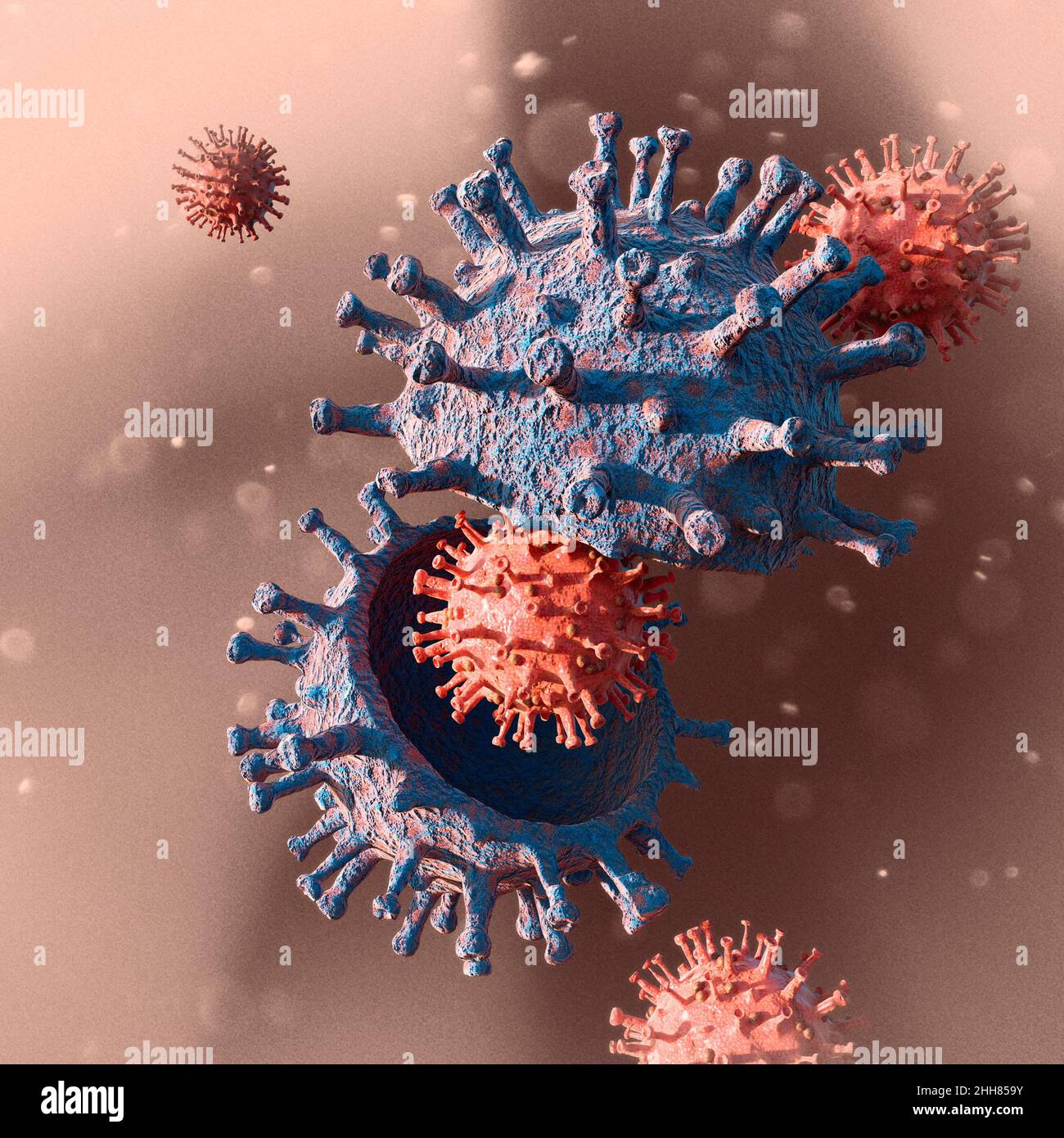 Covid-19 unter dem Mikroskop gesehen. Virusvariante, Coronavirus, Spike- Protein. SARS-CoV-2, 3D-Rendering Stockfotografie - Alamy