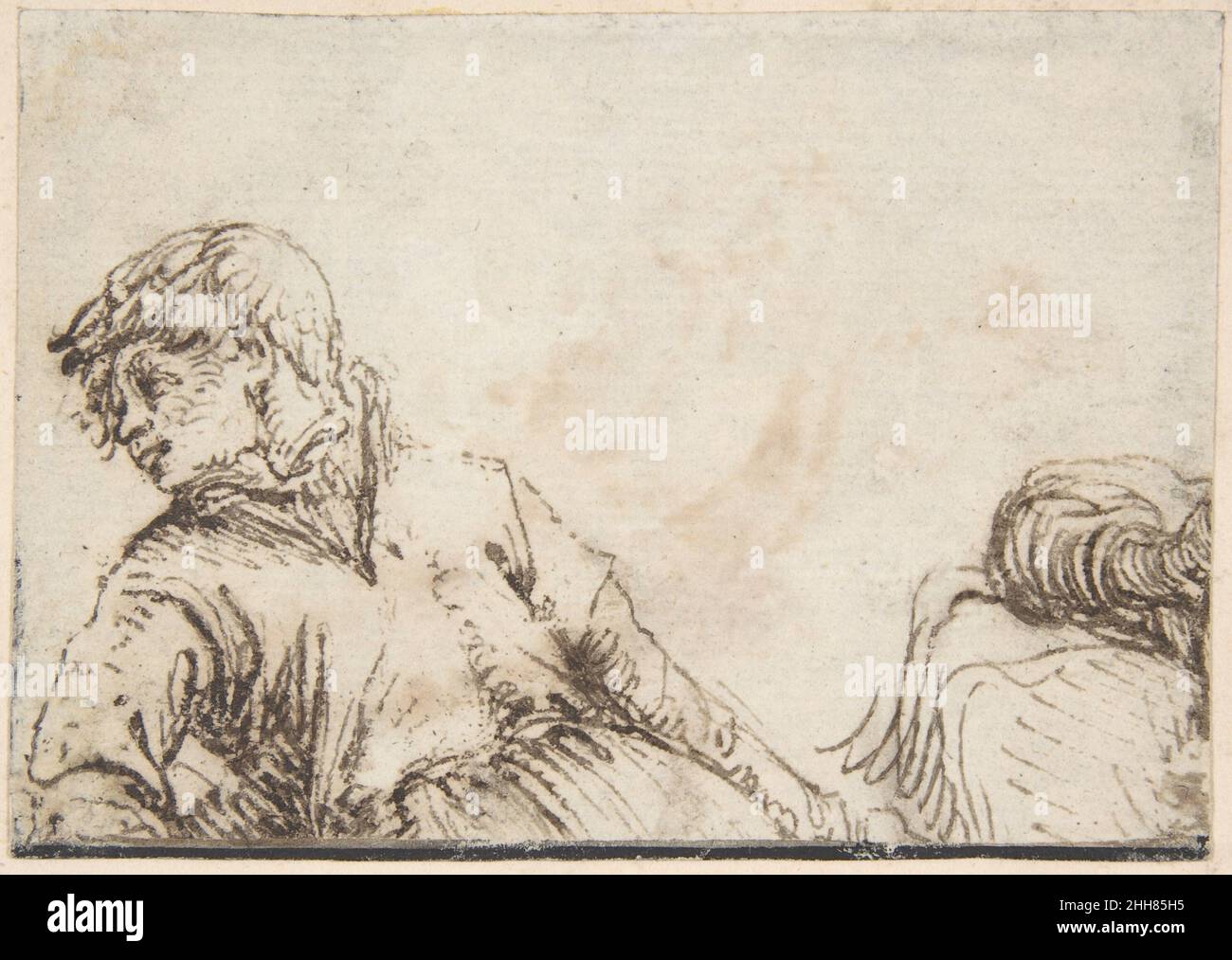 Studie eines Jungen mit dem Kopf nach links gedreht und der rechten Ellenbogen schief Ende des 16th.–frühen 17th. Jahrhunderts Jacques de Gheyn II Niederländischer. Studie einer Jugend mit dem Kopf nach links gedreht und dem Schiefen auf seinem rechten Ellbogen. Jacques de Gheyn II (Niederländisches, Antwerpen 1565–1629 Den Haag). Ende 16th–Anfang 17th. Jahrhundert. Stift und braune Tinte. Zeichnungen Stockfoto