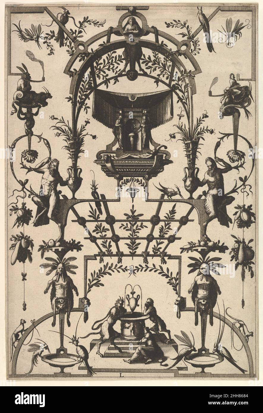 Oberflächendekoration, grotesk mit Trapez und Pergolen, Grabungsszene oberhalb der Mitte von Veelderleij Veranderinghe van grotissen ende Compertimenten...Libro Primo 1556 Johannes van Doetecum i Niederlandisch. Oberflächendekoration, grotesk mit Strapwork und Pergolen, Grabungsszene über der Mitte von Veelderleij Veranderinghe van grotissen ende Compertimenten...Libro Primo 408532 Stockfoto