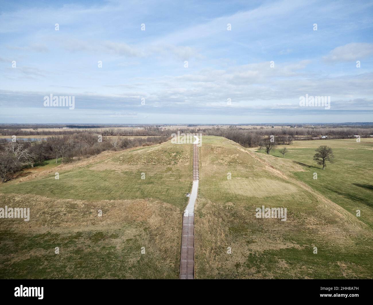 Luftaufnahme der Cahokia Mounds Stockfoto