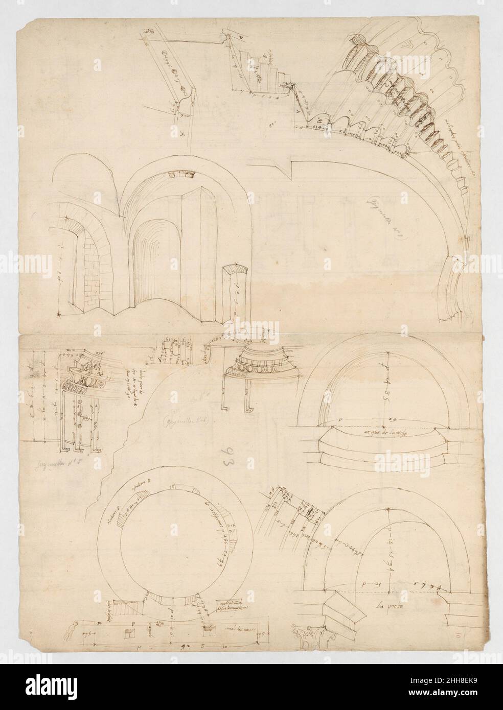 Pantheon, Kuppel, Abschnittsdetails; Nische, Abschnitt und Details (recto) Pantheon, rotonda, obere Ordnung, Höhe und Details (verso) Anfang bis Mitte des 16th. Jahrhunderts gezeichnet von Anonymus, Französisch, Französisch des 16th. Jahrhunderts. Pantheon, Kuppel, Abschnittsdetails; Nische, Abschnitt und Details (recto) Pantheon, rotonda, obere Ordnung, Höhe und Details (verso) 362565 Stockfoto